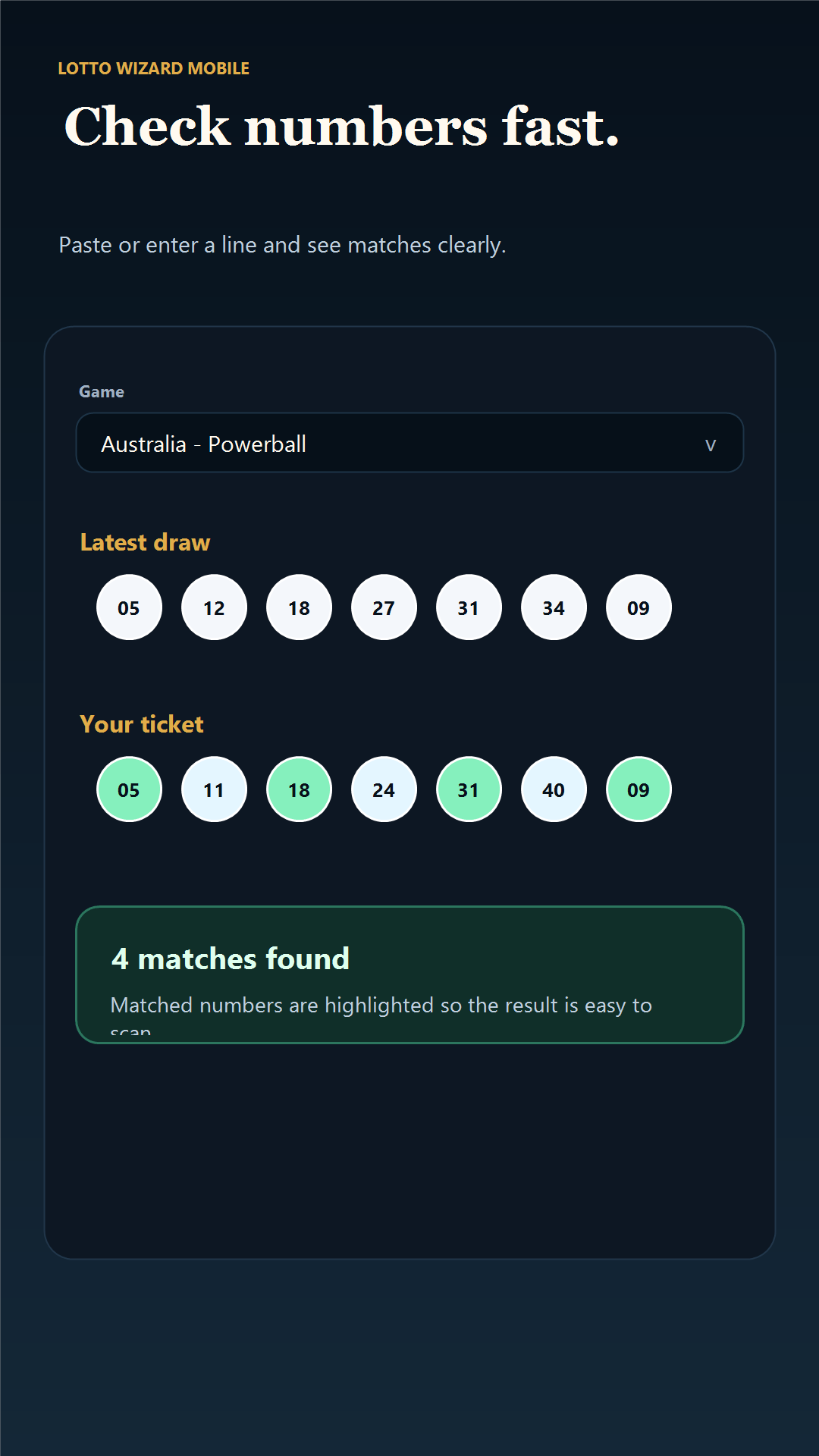 Lotto Wizard Mobile number checking screen showing matched ticket numbers