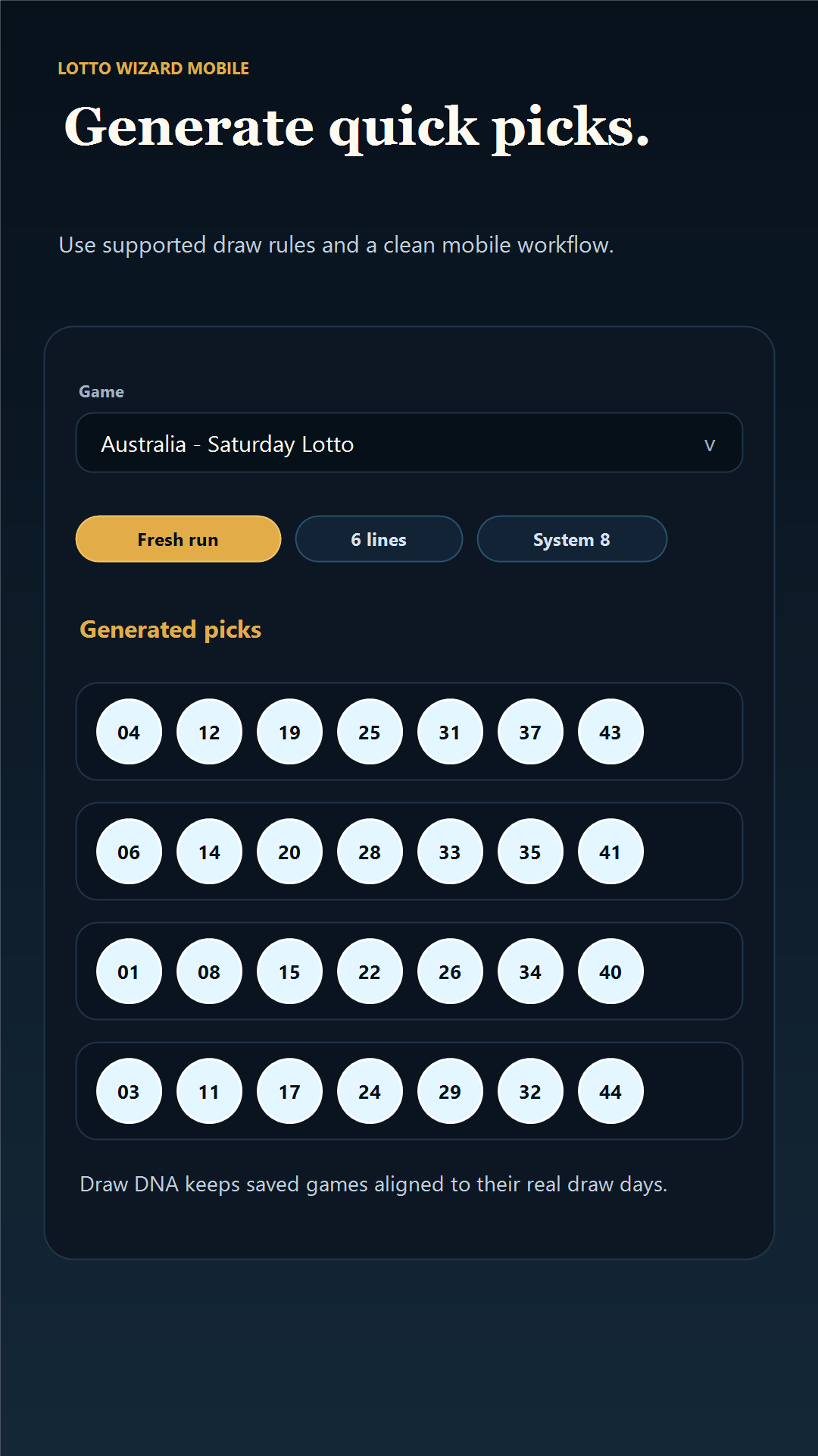 Lotto Wizard Mobile quick pick generation screen with generated Saturday Lotto lines