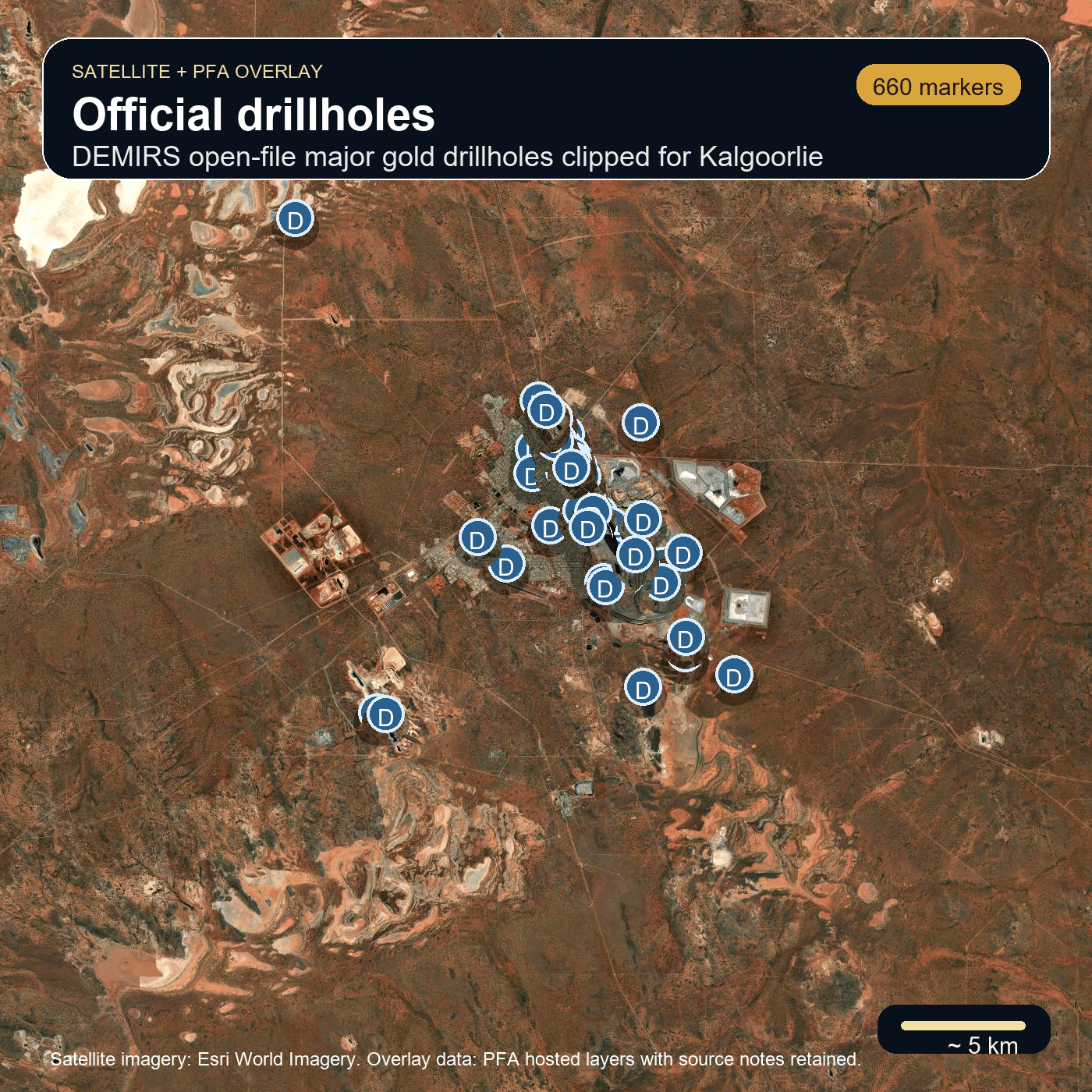 Prospector's Field Assistant satellite overlay showing official drillhole markers near Kalgoorlie