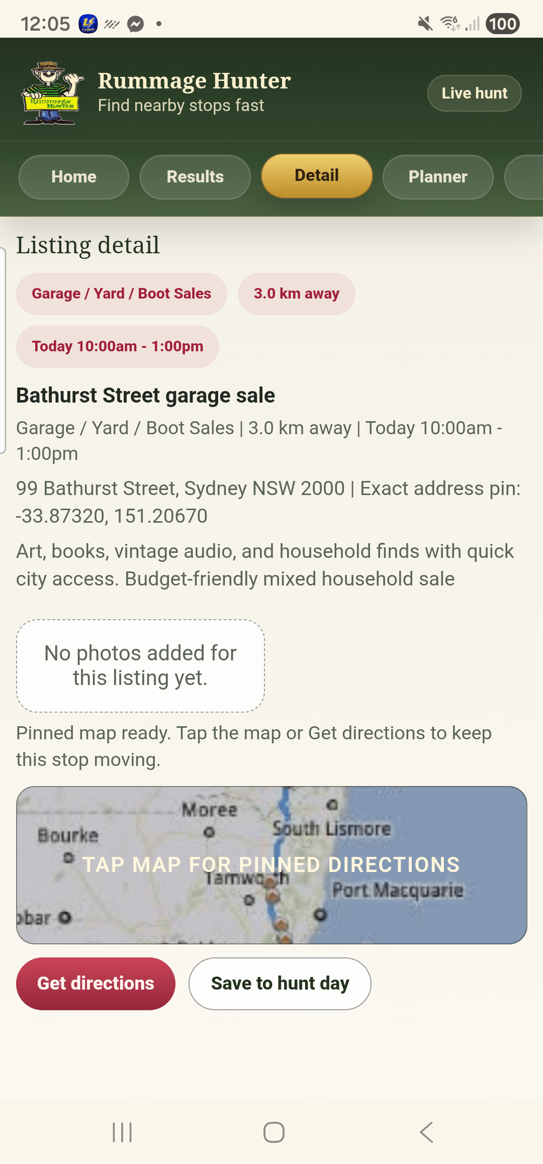 Rummage Hunter listing detail screen for a garage sale with map and directions actions
