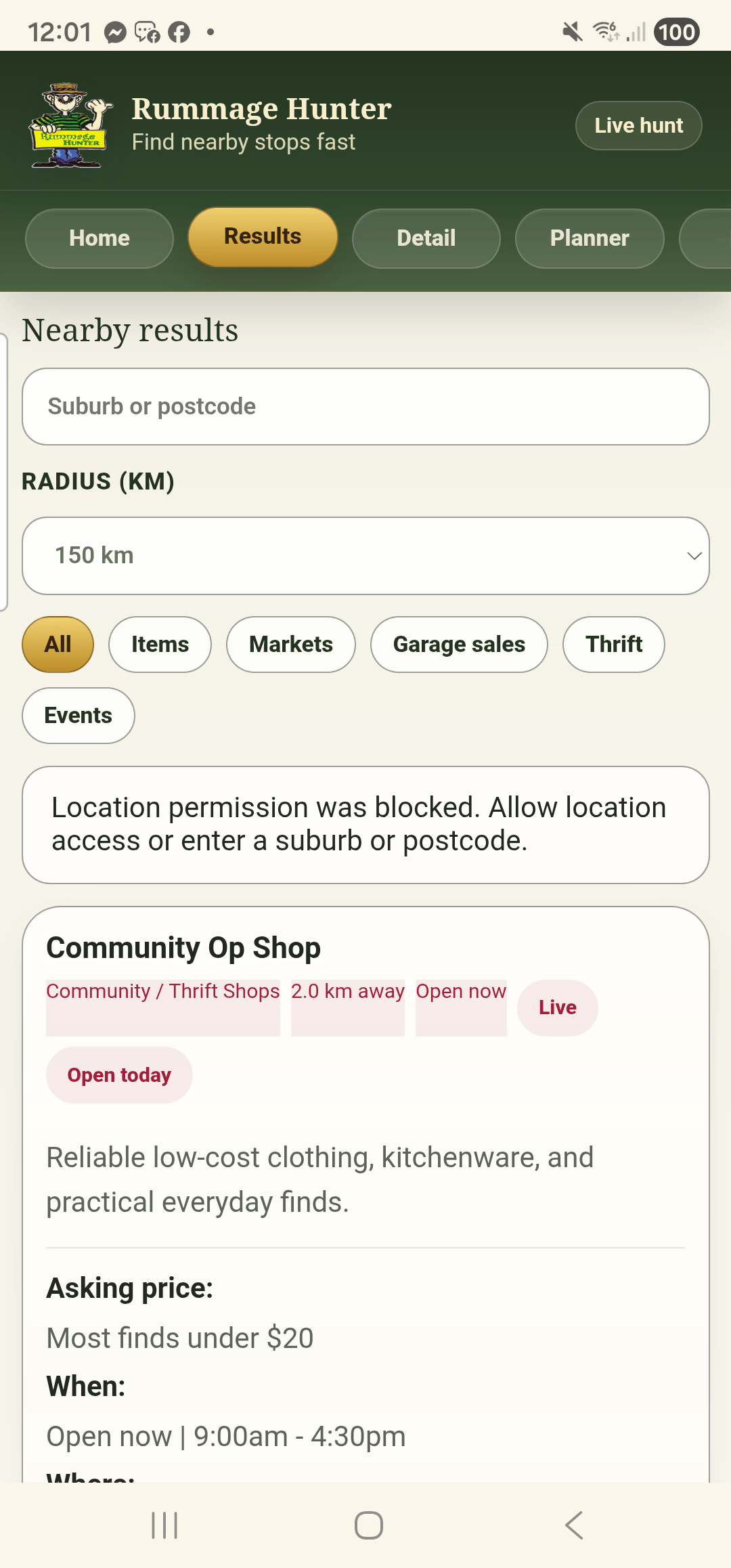 Rummage Hunter nearby results screen with filters and community op shop listing