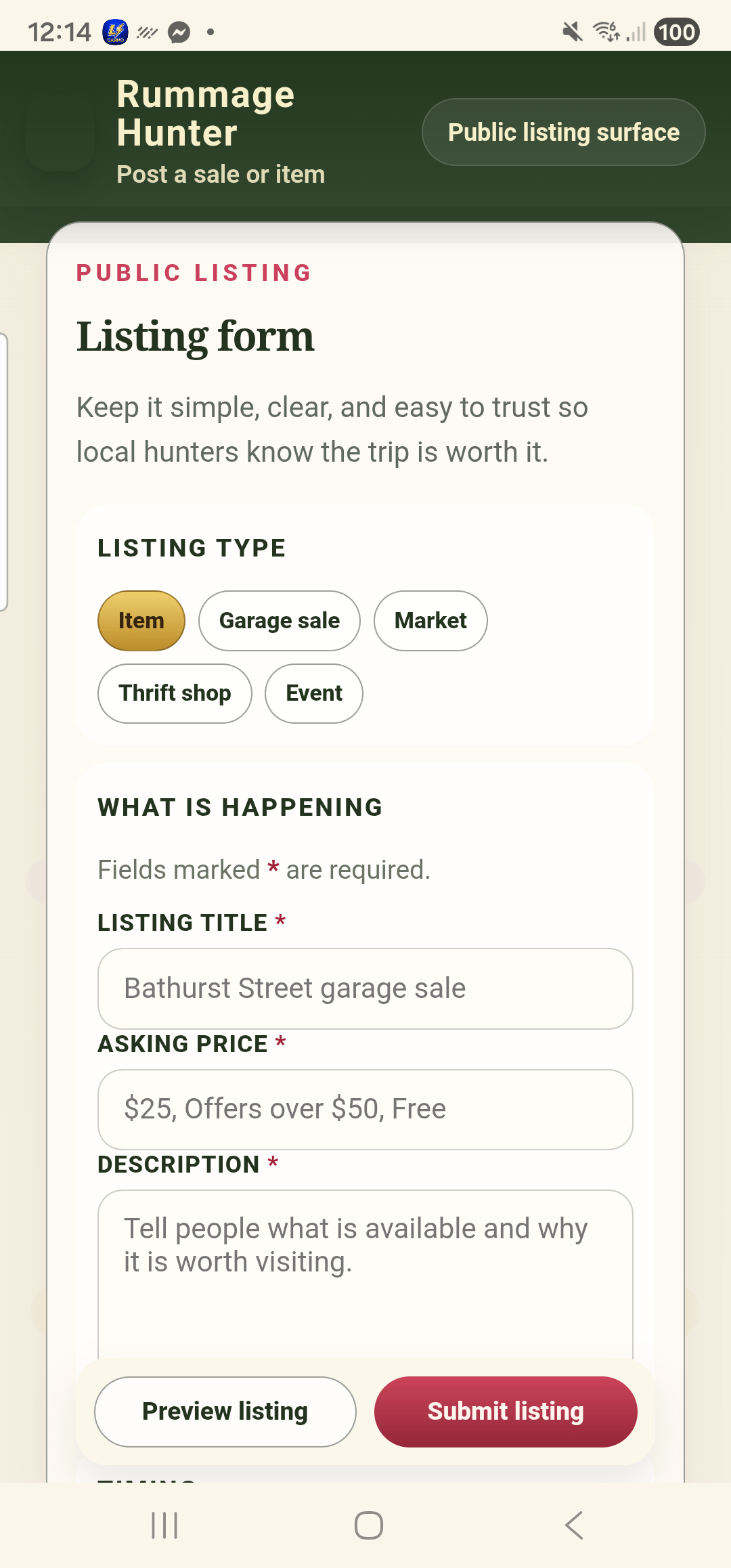 Rummage Hunter public listing form screen for posting a sale or item
